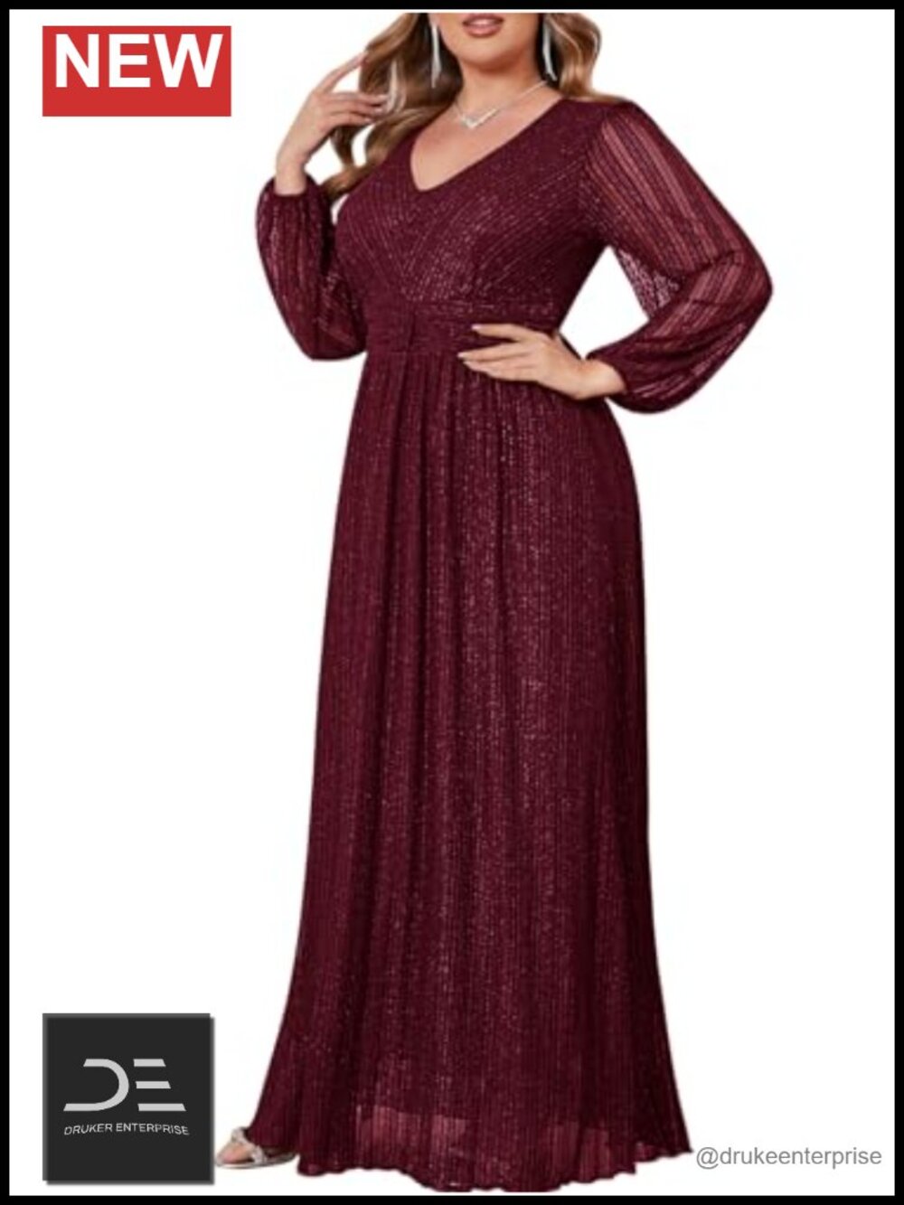 Plus Size Sparkly Lace Maxi Dress V Neck Puff Sleeve Wedding Guest Evening Gown